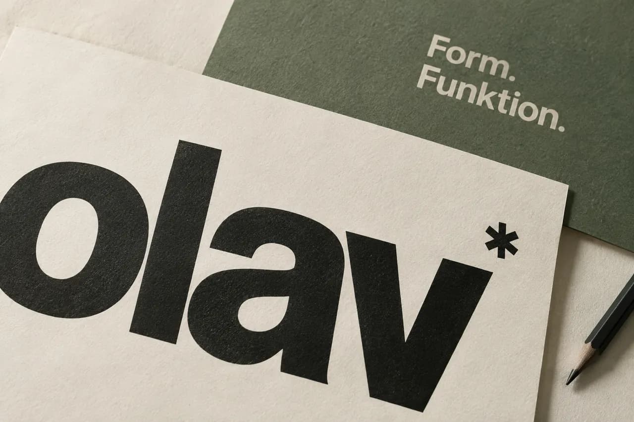 Olivgröna och varmvita typografiska blad med Olav, Form och Funktion