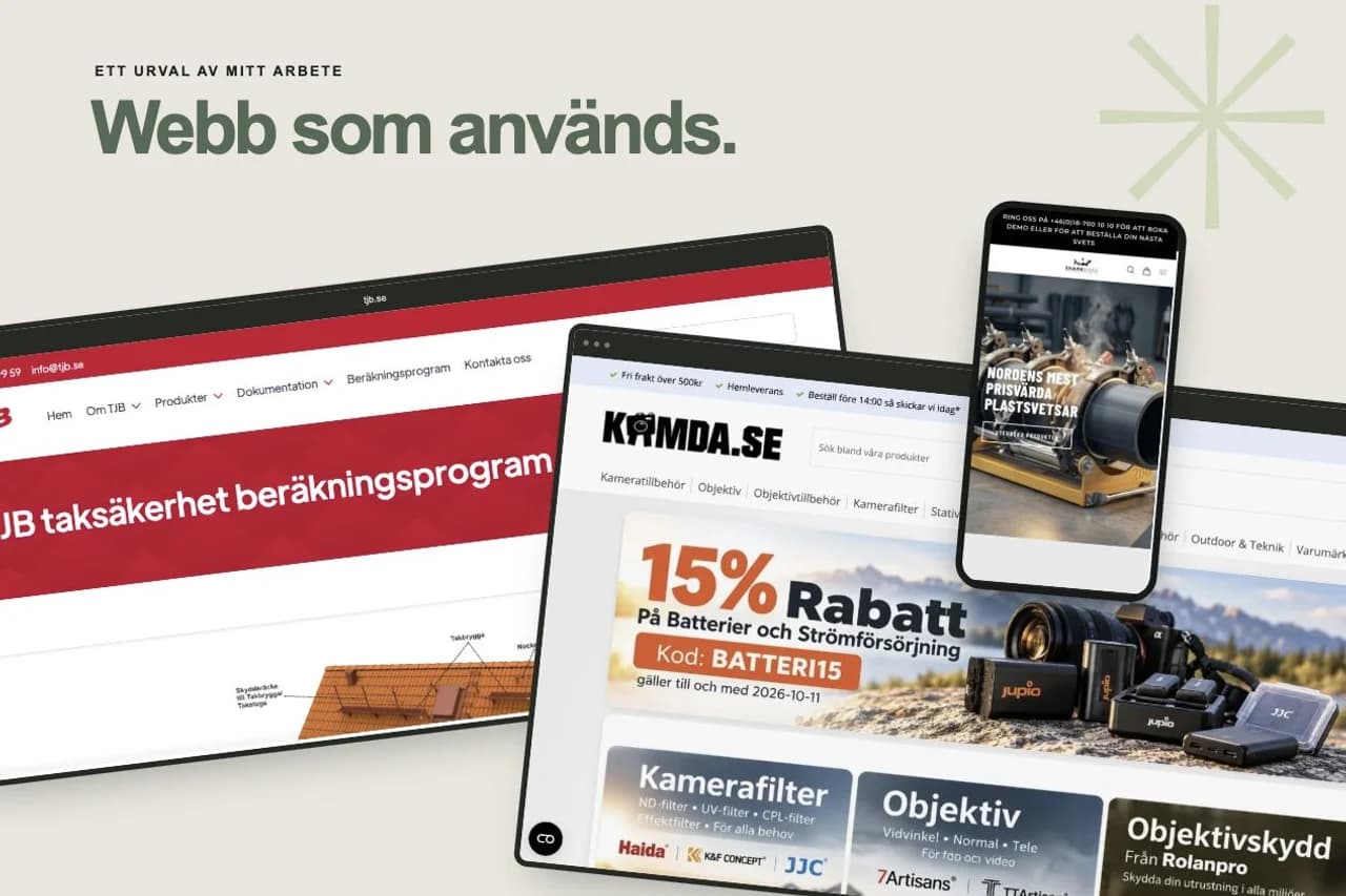 Projektkomposition med TJB:s kalkylator, Kamdas webbutik och Sharkheads mobilvy