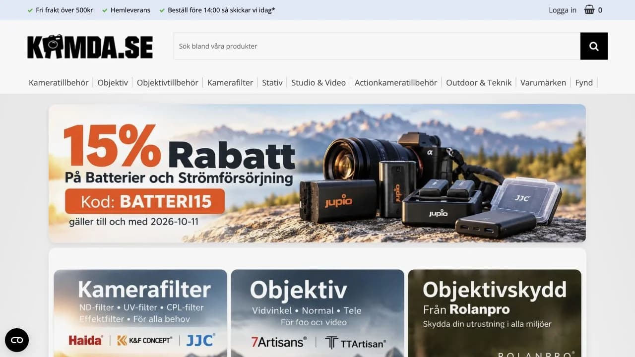 Kamdas webbutik med sökfält och kategorimeny