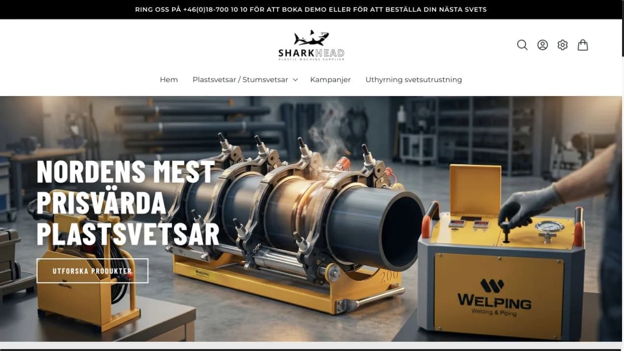 Sharkheads publika webbutik med meny och presentation av plastsvetsar