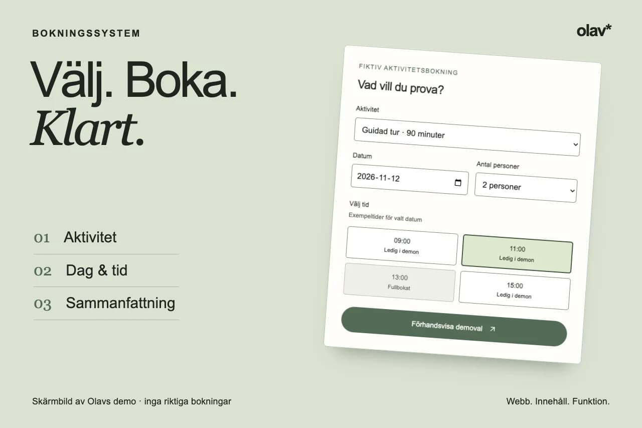 Olavs bokningsdemo med aktivitet, datum och valbara exempeltider.