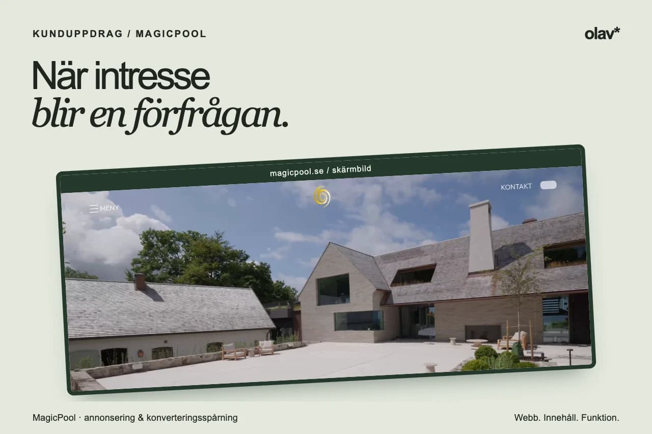 MagicPools webbplats visad i en projektkomposition.