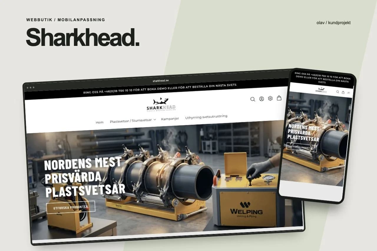 Projektbild med Sharkheads webbutik i desktop och mobil